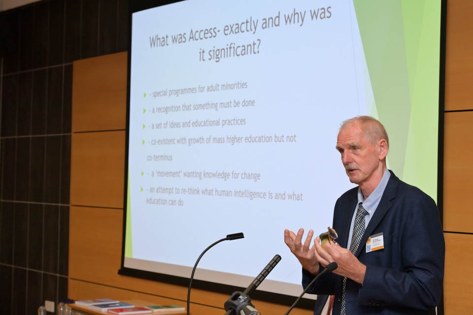 Professor David Davies discussing the importance of access to education at the book launch event